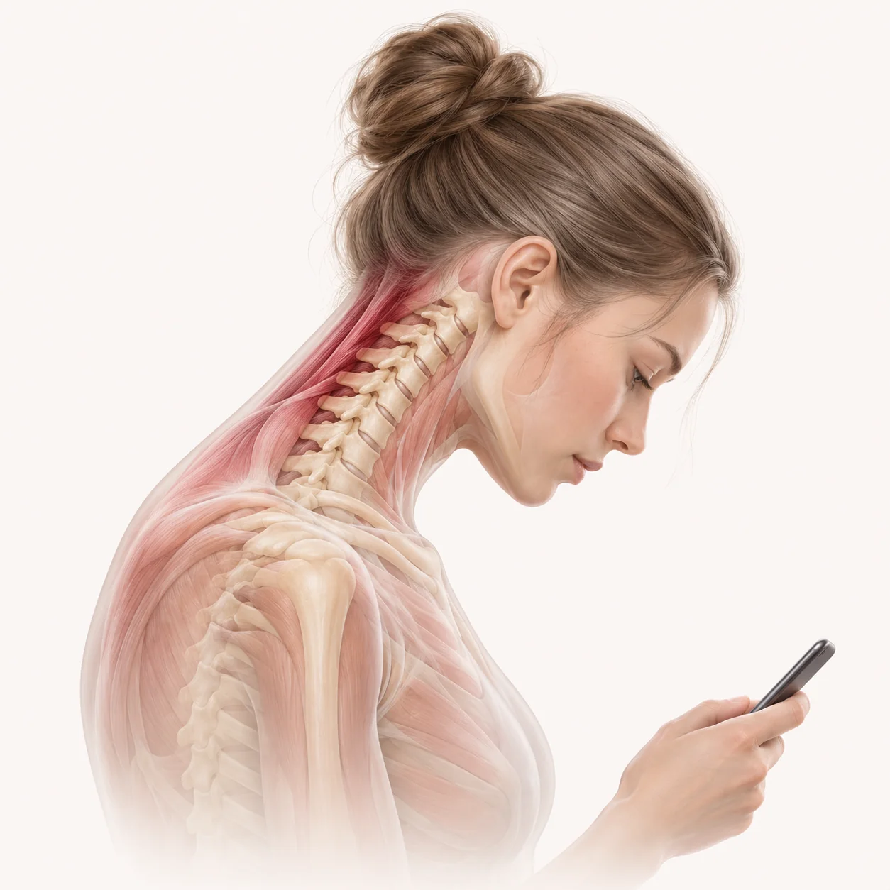 Illustrazione 3D: la testa che si inclina verso il telefono e i muscoli del collo che si tendono