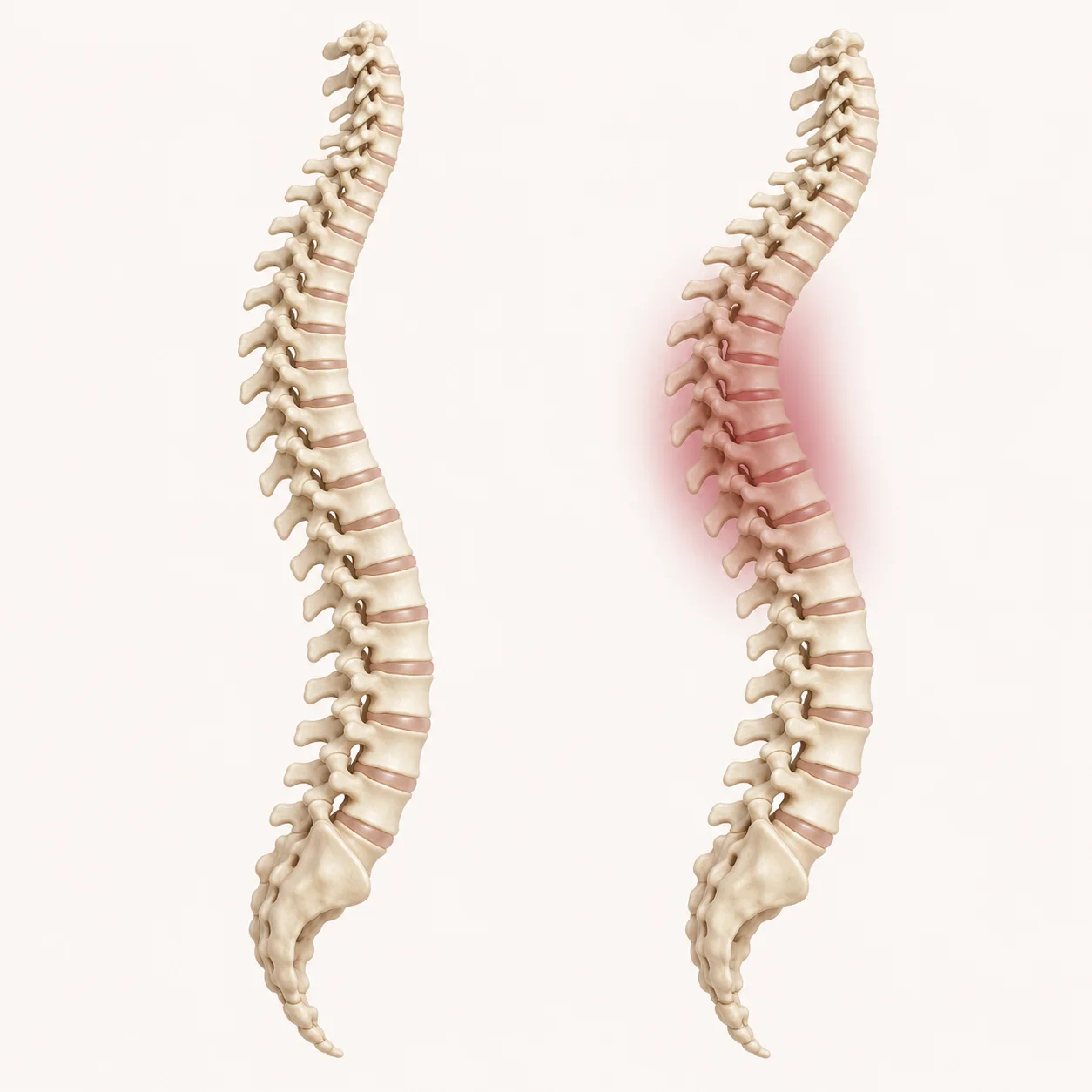 Due colonne vertebrali viste di lato: a sinistra con la curva naturale, a destra con la curva dorsale accentuata