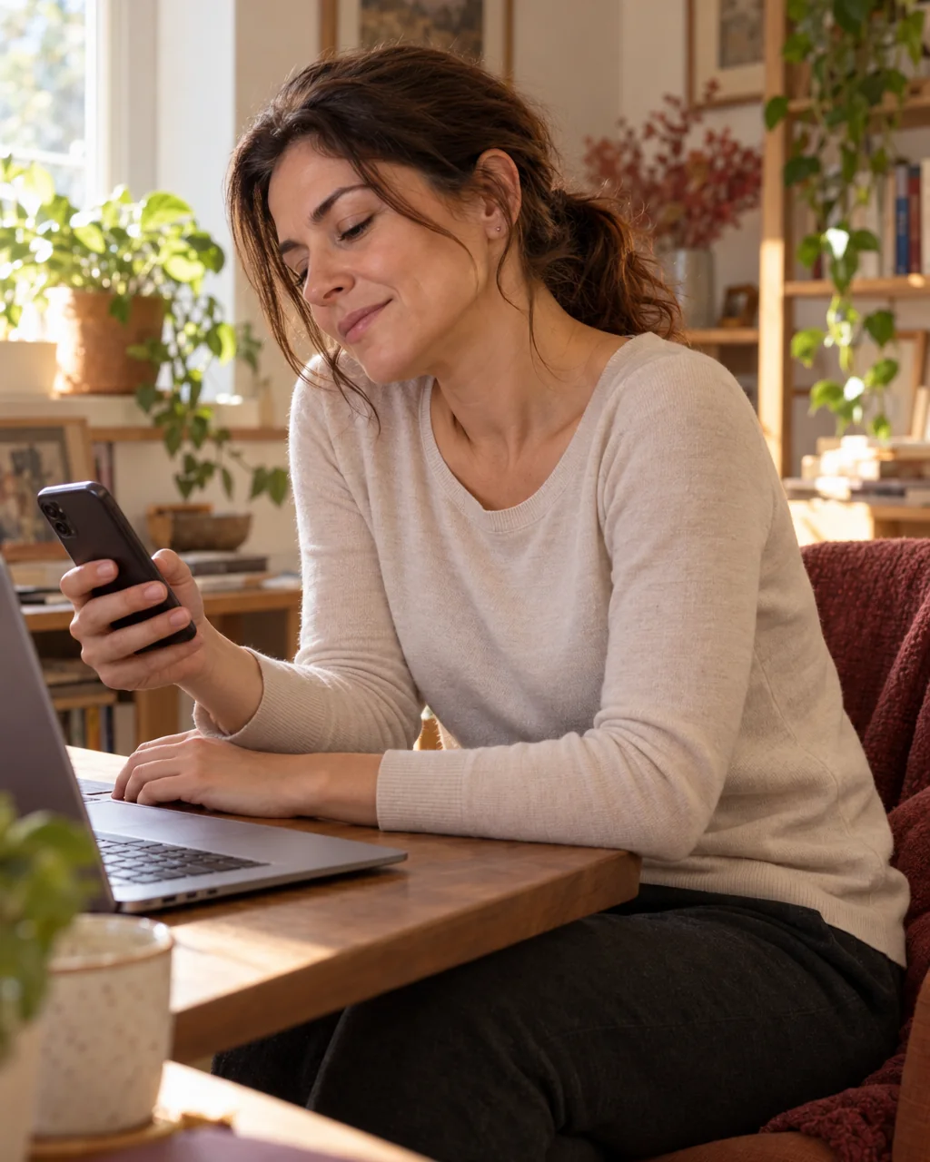 Donna alla scrivania con il telefono in mano e le spalle chiuse in avanti